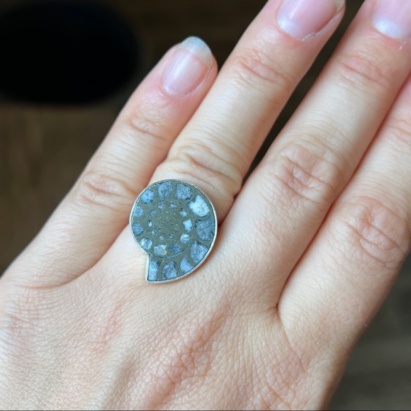 Sterling Silver Pyritized Ammonite Shell Ring. Sz 6 - Picture 2 of 6